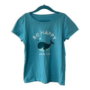 Life is Good Blue Be Happy Whale Graphic Crusher Short Sleeve Tee Girls Large 10
